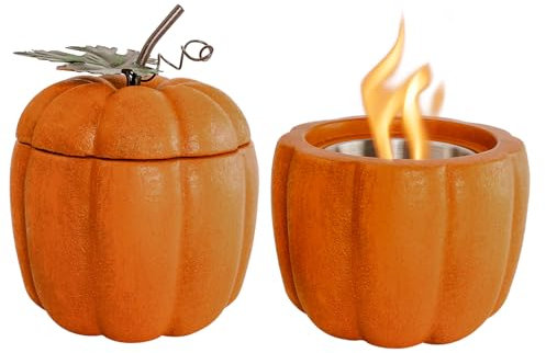 KISKVV Tischkamin Tischfeuer aus Beton Outdoor und Indoor, Zimmerkamin mit Löschhilfe für Balkon Garten Esstisch Zimmer Deko, Rußfrei Geruchslos Standkamin, Kürbis