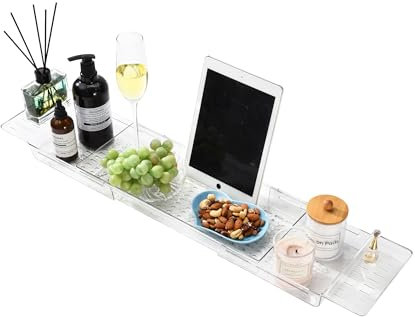 Koelaa Bandeja para Bañera, Bandeja de Bañera Acrílica, Bandeja de Bañera Extensible, Estante Ajustable para Baño, Capaz de Contener Copas de Vino, Velas, Libros y Artículos de Baño-Transparente