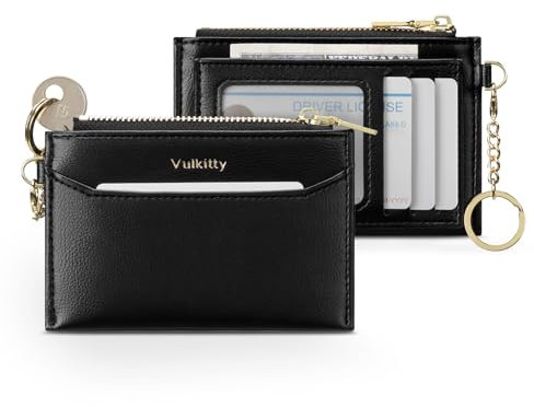 Vulkitty Petit Porte Monnaie et Porte Carte Bancaires Cuir PU Femme avec Porte-Clés et Fenêtre d'identité, Noir