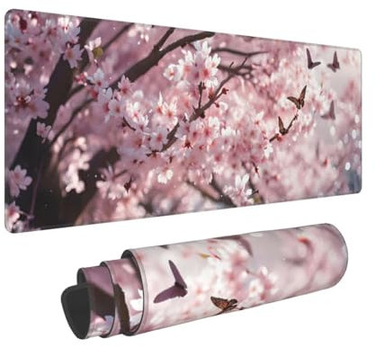 Gaming Mouse Pad 35.4x11.8x0.12 inch XXL Large Mouse Mat with Stitched Edges, Flower Butterfly Mouse Pad, with Non-Slip Base Extended Mouse Pads, Keyboard Desk Pad with Water Resist Surface N-685