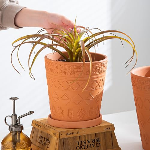 IOEDHW Grands Pots de Plantes en Terre Cuite, Pots de Fleurs en Terre Cuite avec Trou de Drainage et Plateau, Pots de Fleurs à Motif géométrique en Terre Cuite de Gros Calibre, jardinières en Terre