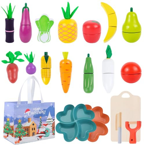 20 Artikel Kinderküche Zubehör, Kinderküche Holz, Schneidespielzeug mit Aufbewahrungstasche,Holz Obst Gemüse Lebensmittel Holzspielzeug mit Klett, für Kinder Geschenk Spielzeug