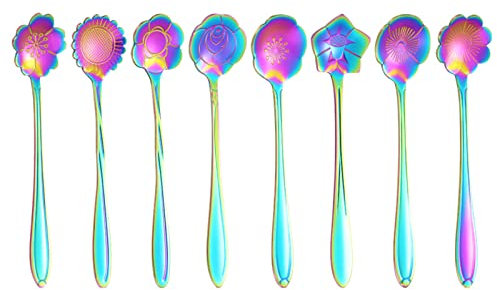 JOERBABU Cucchiaio multifunzione in acciaio inox, 8 diverse forme di fiore, cucchiaini da caffè eleganti in acciaio inox