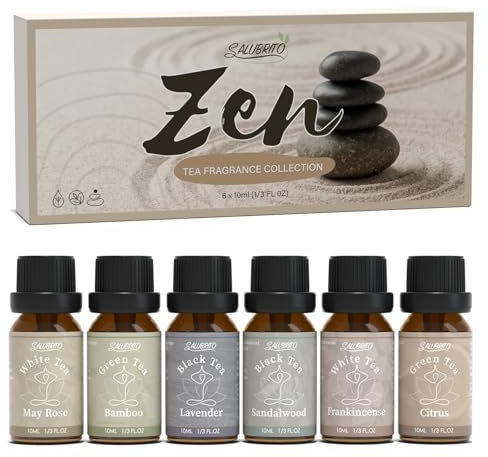 SALUBRITO Zen Essential Oil Set, Tea Collection Fragrance Oil for Diffuser, Candle, Soap Making, White Tea, Black Tea, Green Tea Blended with Rose, Bamboo, Lavender, Sandalwood, Frankincense, Citrus