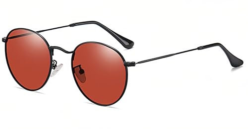 RUNHUIS Kleine Rund polarisierte Sonnenbrille Damen Herren Vintage Klassische Super Leichte Metallrahmen Gläser Retro Mode Brillen für Fahren Angeln (Schwarz/Rot)