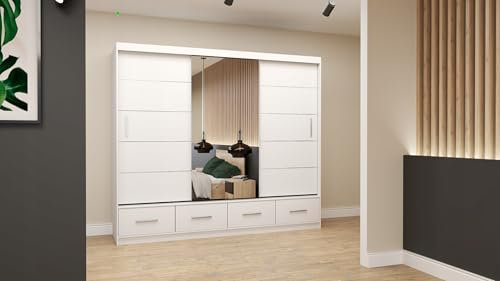 Easy4You Florence Weiß Schiebetürenschrank Glänzend Kleiderschrank 250x218x61 cm mit Spiegel - Schlafzimmermöbel, Aufbewahrung – Mehrzweckschrank mit 4 Schubladen und 4 Kleiderstangen
