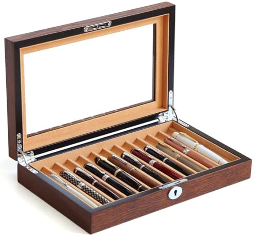 Bonaking Füllfederhalter-Vitrine mit 12 Stiften, Holz-Displaybox, abschließbare Stift-Aufbewahrungsbox mit Glasplatte, Stiftebox Organizer, Stiftsammlungs-Vitrine (Braun mit Kamelsamt)
