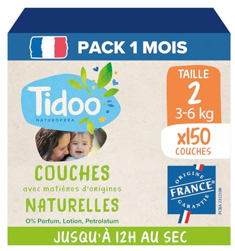 Tidoo - Ökologische Windeln, Größe 2 (3-6 kg) – natürlicher Ursprung, ohne Schadstoffe – 12 Stunden trocken, extrem saugfähig – hergestellt in Frankreich – 150 Einwegwindeln – Packung 1 Monat