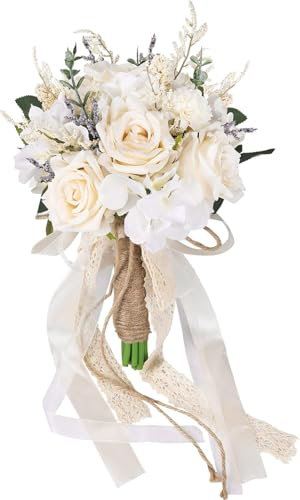 Sousi Bouquets de Mariage pour mariée et Demoiselles d'honneur, Roses artificielles Blanches, décoration de Mariage (Champagne)
