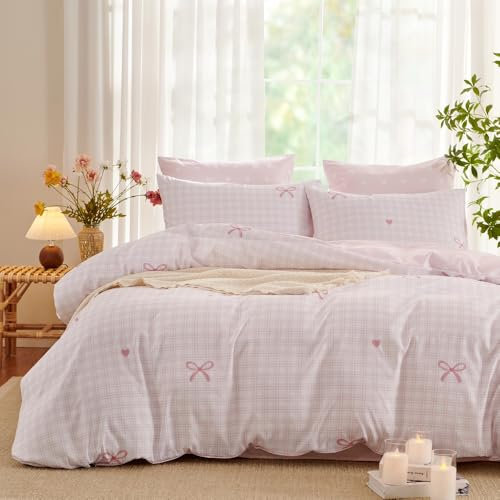 Freyamy Housse de Couette 140x200 à Carreaux Vichy Rose Parure de lit 1 Personne Filles Femmes avec Fermeture Éclair Sets de Housse Amour en Microfibre avec Une Taie d'oreiller 65 x 65cm