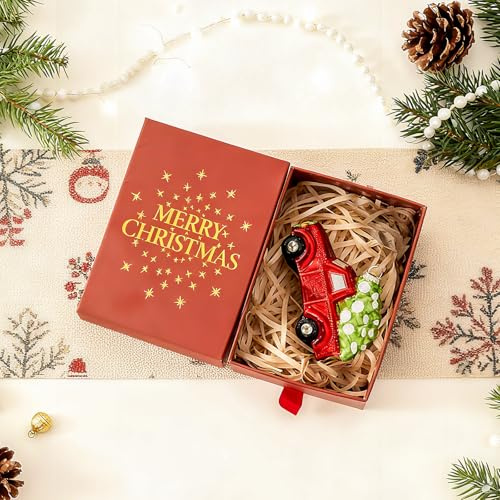 DN DECONATION Weihnachtskugel Pickup Truck mit Weihnachtsbraum Glas Rot Grün, Auto mit Tannenbaum Christbaumkugeln, Weihnachten Kugel für Weihnachtsbaum Deko & Festliche Feiern (11,5 cm)