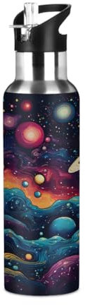 Mexpekil Colorful Abstract Universe Planets Water Bottle with Straw Insulated Sports Stainless Steel Water Bottle Leakproof Drink Bottles for Kids Girls Boys School Running 600ml