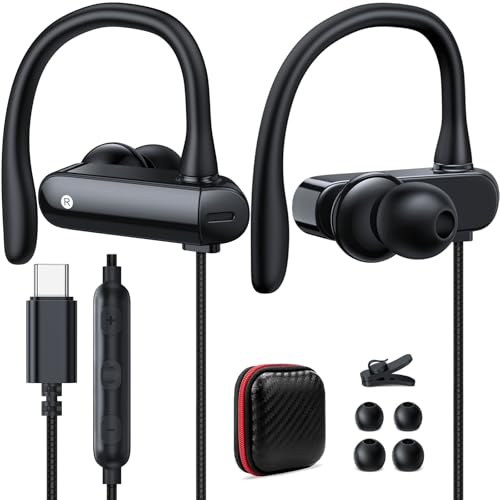 USB C Headphones Over Ear Hook Sport Wired Earbuds Kids with Loop Mic for Samsung Galaxy Z Fold7 Flip7 FE S25 Ultra S24 S23, Open Ear Type C Earphones Running Headset for iPhone 16E 16 15 Pro Max Plus
