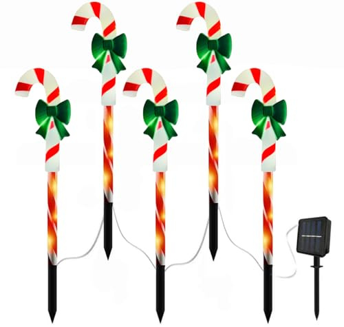 5 Stück Solar Lichterkette Außen Dekorationen, Weihnachts-Gartensteckleuchten 8 Modi Wasserdichte LED-Außenbeleuchtung mit Weihnachtsmann, Rentier, Schneemann, Baum und Zuckerstange (Zuckerstange)