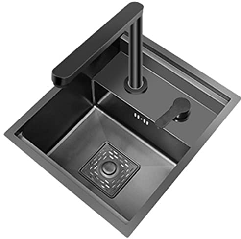 Fregadero de barra oculto, fregadero de cocina de un solo tazón de acero inoxidable nano negro con grifo y juego de tapa para balcón o bar(40X54CM)