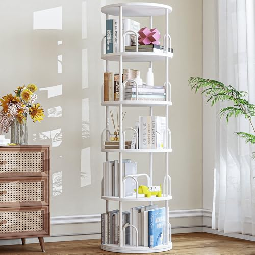 5 Ebenen Drehbares Bücherregal, 360° Bücherregal Drehbar, Rundes bücherregal weiß holz, Freistehendes Eck Bücherregal, Bücherregal Schmal, Bücherregal hoch für Schlafzimmer, Wohnzimmer, Kinderzimmer