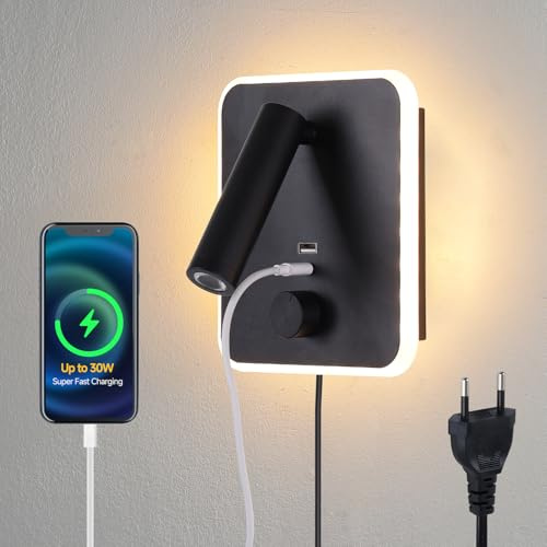 CNMYKYDS 30W Schnellladung Plug-in Wandlampen mit zwei USB-A/C Ports, verstellbare Leselampe, 2-in-1 Installation für Schlafzimmer/Wohnzimmer, LED-Wandlampen (Schwarz)