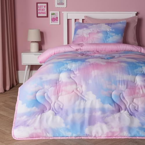 OHS Coverless Duvet Single 7.5 Tog, Soft Warm Microfibre Tie Dye Unicorn Quilted Summer Duvets Lightweight Comfortable Pink Reversible Washable Single Duvet with Pillowcase