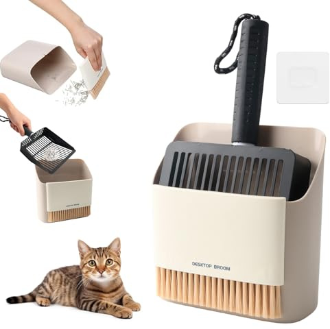 XHYASD Pelle à Litière Chat en Acier Inoxydable, Kit 3 Pièces avec Support et Balayette de Nettoyage, Pelle Métallique Ergonomique
