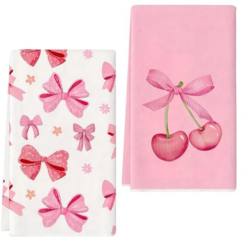 Sgehenr 2Pcs Cherry and Bows Pink Tea Towels for Kitchen Towel,40 x 60CM Seasonal Hand Towels Pink Dish Towel for Bar Restaurent Kitchen Housewarming Gifts Dining, Home, Wedding, Mothers Day, Banquet