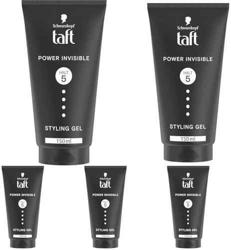 Schwarzkopf TAFT Gel Power Invisible Styling (150 ml), Haargel ohne Verkleben und Beschweren, sanft zum Haar und zur Kopfhaut, veganes, Haarstyling-Gel (Packung mit 5)