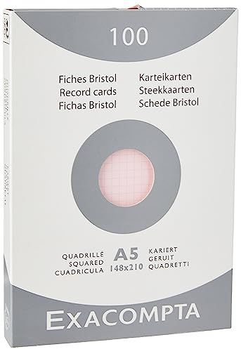 Exacompta 13238E Packung (mit 100 Karteikarten, ungelocht DIN A5, 148 x 210 mm, 205 g, kariert, ideal für die Schule) 1er Pack rosa