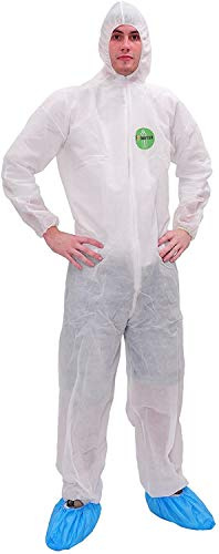 RAYGARD 30003 Disposable Protective Coverall Polypropylene Light Duty Suit Attached Hood Elastic Wrist, Ankles and Waist Serged Seam for Spary Painting Cleaning Food Cooking(2X-Large,White)