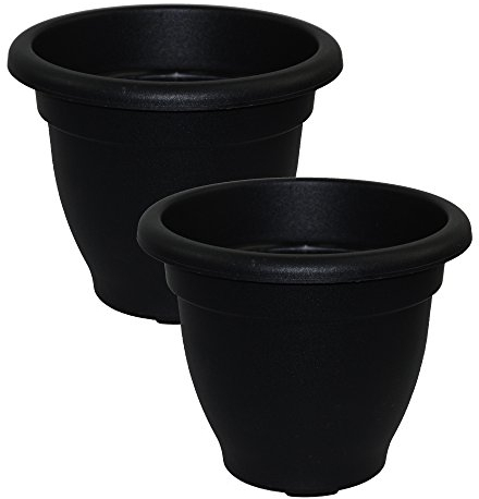 2 x Simpa® Ebony/Black Round Plastic Garden Planter Indoor & Outdoor Flower / Plant Pot - 20cm diameter