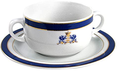 FranquiHOgar - Set di tazze di Consomé 12 pezzi (6 persone) - Porcellana Bianca, Dettagli Oro e Blu Cobalto, Eleganza Classica, Adatto per Lavastoviglie