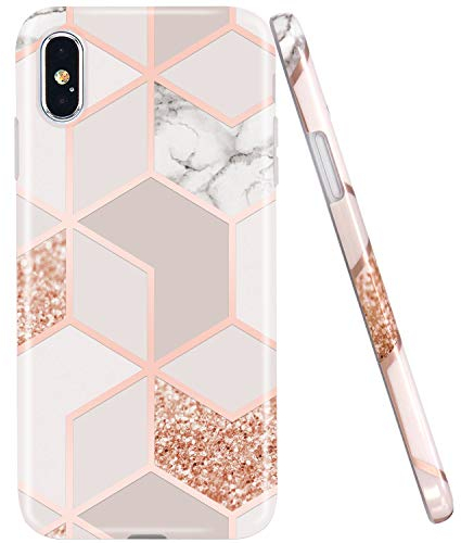 JAHOLAN iPhone X Hülle iPhone XS Handyhülle TPU Silikon Weiche Schlank Schutzhülle Handytasche Gummi Dünn Flexibel Case Handy Hülle für iPhone X XS - Marmor Bling Glitter Sparkle Rose Gold - 5.85 Zoll