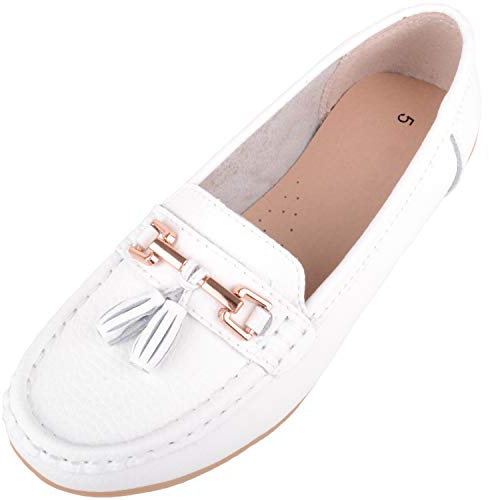 ABSOLUTE FOOTWEAR Womens Slip On Casual Leather Loafer/Deck/Boat Shoes/Sandals - White - UK 6