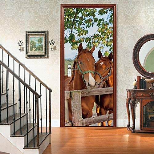 Sticker De Porte 3D La Créativité Des Chevaux Animaux Vinyle Art Poster Motif Self-Adhesive Amovible Imperméable Pour Chambre Salle De Bain Living Room Cuisine Décoration 77X200Cm