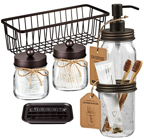 SheeChung 6Pcs Mason Jars Bathroom Accessories Set Complete - Toothbrush Holder, Lotion Soap Dispenser, 2 Mason Jars, Soap Dish, Toilet Paper Basket, Rustic Farmhouse Decor (Brown, 6Pcs Bathroom Set)
