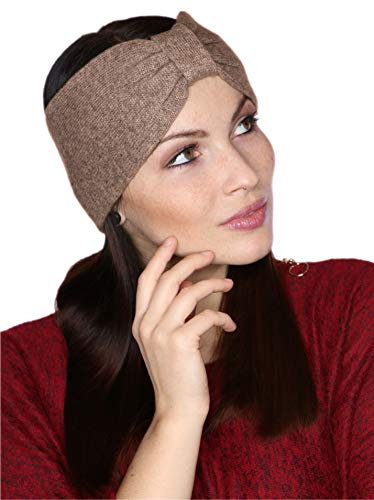 Prettystern Damen 100% Kaschmir 2-lagig Schleife Stirnband Ohrenwärmer Kopfband Winter Cashmere Haarband Headband Braun Taupe