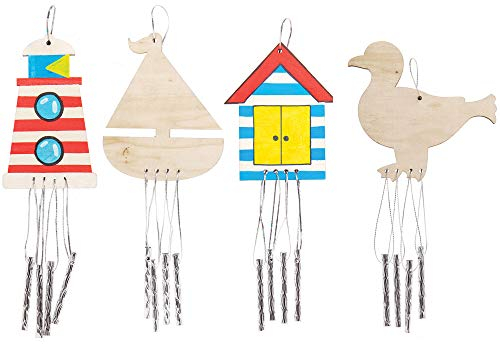 Baker Ross Windspiele aus Holz mit Strandmotiven AT868, toll für Kinder zum Gestalten und Dekorieren, ideal für Schule, basteln zu Hause und Gruppenaktivitäten, 4er-Pack