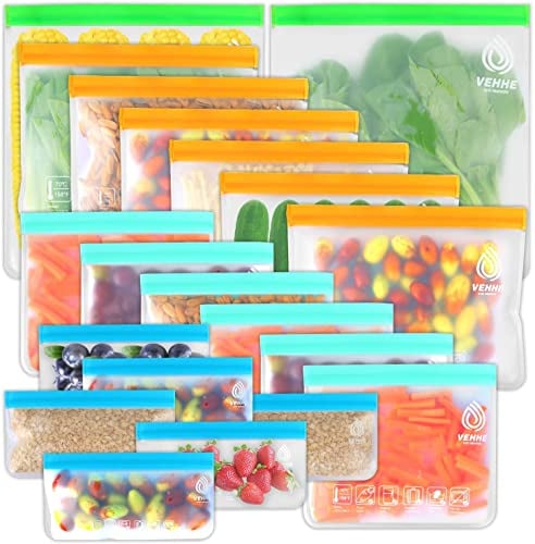 VEHHE 20 Pack Reusable Food Storage Bags (Gallon Reusable Freezer Bags + Sandwich Bag + Ziplock Bag) Leakproof Lunch Pouches, for Travel Jewelry Make-Up