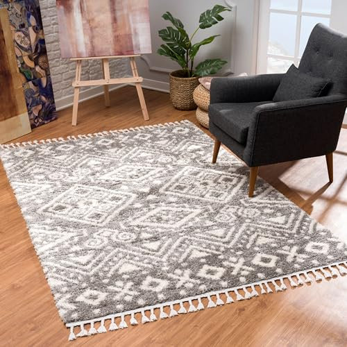 Teppich Wohnzimmer Shaggy Läufer - Grau Creme - 80x400cm - Deko Schlafzimmer Hochflor mit Fransen Flauschig Ethno Muster - Oeko Tex 100 Standard - Allergiker geeignet