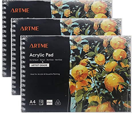 ARTME Blocco Acrilico A4 x 12 Fogli - 3pz 400g Extra Pesante/Pressato A Freddo/Senza Acidi, Supporti Bagnati E Asciutti - Blocco Da Disegno Di Qualità Premium Pittura Acrilica E Guazzo (3 pz)