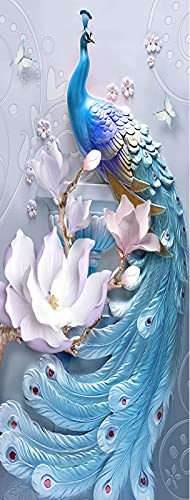 A.Monamour Türtapete Selbstklebend Türfolie Türposter 3D Blauer Pfau Mit Blumen Schmetterlinge Vinyl Folie Türdeko Tapete Wandbild Türaufkleber Türtattoo 90 x 200 cm