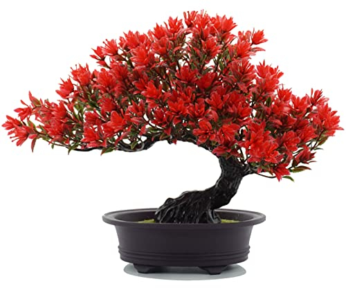 Flikool Pin Plantes Artificielles en Pot Artificielle Bonsaï Arbre Fausse Japonais Cèdre Faux Bonsai Artificiel pour Maison Hôtel Bureau Noël Décoration - Rouge