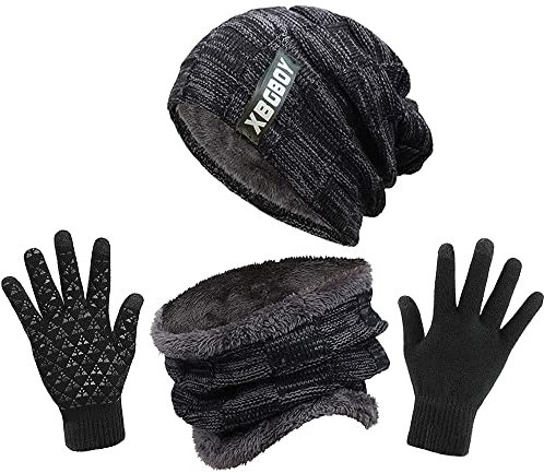 Swygoo Winter Beanie Mütze Schal und Touchscreen Handschuhe Set, Strick-Thermo-Set mit Kuscheligem Fleece-Futter, Slouchy Beanie-Kappe, Nackenwärmer und Handschuhe für Damen und Herren (Dunkelgrau)