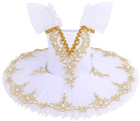 OBEEII Abito da Balletto Paillettes Ricami Balletto Tutù Body Danza Classico Ginnastica Leotard Costume, bianco, 9-10 Anni