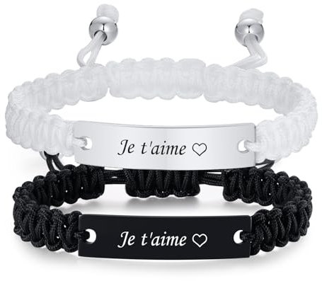 2PCS Bracelets Couples Acier Inoxydable et Cordon Ajustable, Chaînes de Main pour Couples Amoureux Femme Homme Cadeaux Romantiques Saint Valentin Mariage (noir et blank)