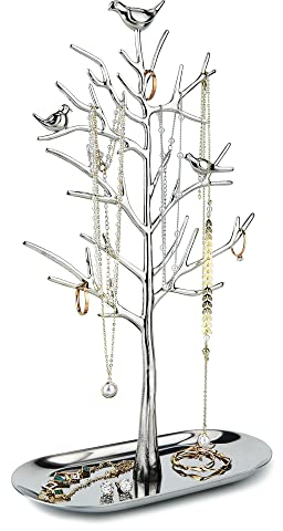 MORE&LESS Zweig Schmuckständer mit Metalltablett Farbe Luxus Baum Turm hängende Aufbewahrungsstücke für Ringe Ohrringe Halsketten Armbänder Geeignet für Wohnzimmer Bad Büro etc.