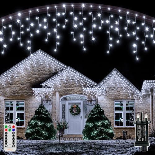 Ollny Icicle Outdoor Christmas Lights, 12.6M 504LED Waterproof Hanging Fairy Lights Cool White String Light, Plug/Remote/8 Modes/Timer/Connectable, Lighting Outside Gutter House Roof Xmas Decorations