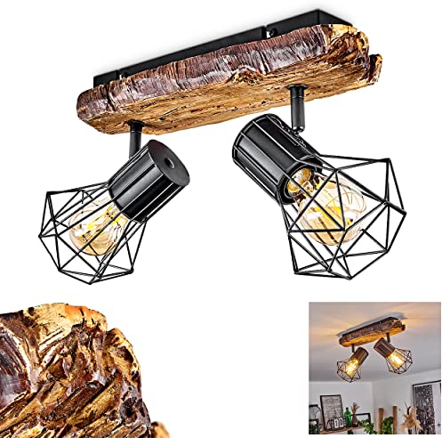 Deckenleuchte Bardhaman, Deckenlampe aus Metall in Schwarz/Holzoptik, Spot im Retro/Vintage Design m. verstellbaren Schirmen in Gitter-Optik m. Lichteffekt, 2-flammig, E27-Fassung, ohne Leuchtmittel