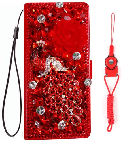 HFICY Schutzhülle für iPhone 14, mit 2 Glas-Displayschutzfolien für Frauen, glitzernde Diamanten, Leder-Filo-Schutzhülle und Umhängeband (roter Pfau)
