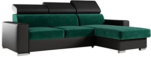 MKS MEBLE Ecksofa Wohnzimmer - Wohnlandschaft - L-Form Couch mit Schlaffunktion - Bettsofa - Wohnzimmer L Couch - Polstersofa mit Bettkasten - Fox Grün Schwarz
