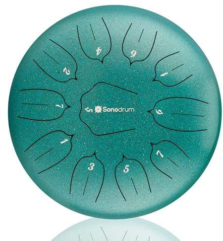 Sonodrum Zungentrommel Standard D - Dur in Grün - 30 cm groß mit 11 Tönen - Steel Tongue Drum inkl. Liederbuch, Schlägel, Fingersticks und Tragetasche - Notenlesen nicht nötig, einfach zu spielen.