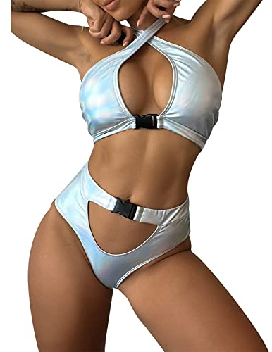 FYMNSI Damen Rave Outfit Bikini Set Badeanzug Holografische Neckholder BH Oberteil Slip Leder Wetlook Shorts Hot Pants für Festival Disco Tanz Clubwear Halloween Motto Party Fasching Kostüm Silber L